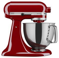 a red kitchen aid mixer on a white background with clippings to the side