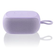 the bluetooth speaker is purple and has a cord attached to it's side