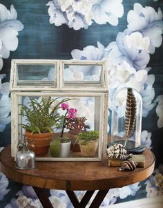 an old window is filled with potted plants and other decorative items on a table