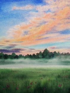 an oil painting of a field with trees in the distance and clouds in the sky