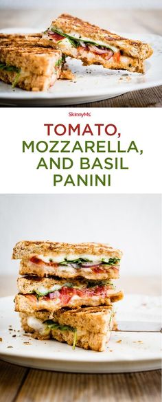 grilled mozzarella and basil panini sandwich on a white plate with text overlay