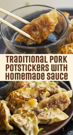 traditional pork potstickers with homemade sauce in a bowl and on a plate, ready to be eaten