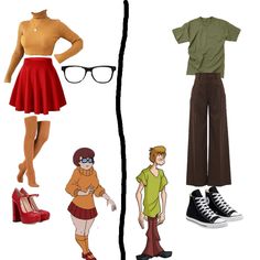 an image of people in different outfits and shoes with glasses on their heads, standing next to each other