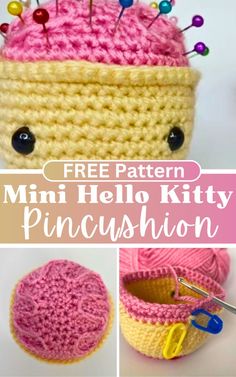 a crocheted basket with pins in it and the words, free pattern mini hello kitty pin cushion