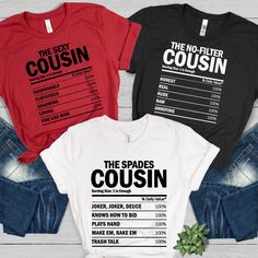 Cousin Crew Shirts, Matching Family Vacation Shirts, Funny Cousin gifts, Cousin shirts, Christmas Cousin Crew, Girls Weekend Trip Sweaters 👉 Product Details: All Shirts are unisex and perfect for men or women. 👈 🌟 Please make sure you chose your desired style from the drop down menu and review the size chart to ensure you are ordering the best item from you. Most listings have various styles (Short Sleeve Crewneck T-Shirt, Short Sleeve V-Neck, Sweatshirts, Hoodies, Long-sleeve T-Shirt). Pleas Family Shirt Design Ideas, Family Tee Shirts Ideas, Cousin Tshirts, Family Reunion Outfit, Cousins Shirts, Cousin Crew Shirts, Cousin Shirts, Family Reunion Shirts, Cousin Gifts