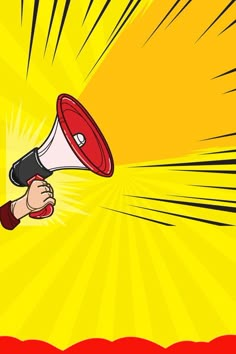 a hand holding a red and white megaphone with yellow rays coming out of it