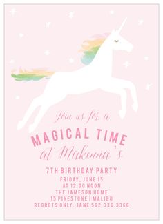 a pink unicorn birthday party card