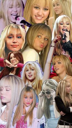 the collage shows many different images of women with blonde hair and bangs, including one woman