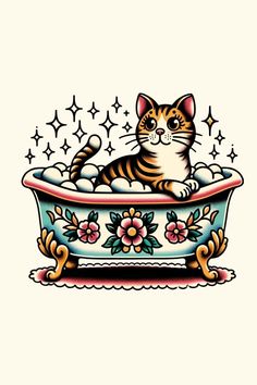 a cat sitting in a bathtub with stars on the side and flowers around it