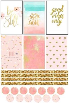 pink, gold and white wallpaper with different types of paper on top of each other