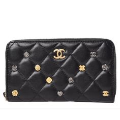 Chanel Lambskin Quilted Lucky Charms Zip Around Wallet Black Comes With Box Authenticity Card Dust Bag. Chanel Long Wallet, Pink Chanel, Chanel Caviar, Lucky Charms, Chanel Wallet, Chanel Bags, Fold Wallet, Zip Wallet, Wallet Chain