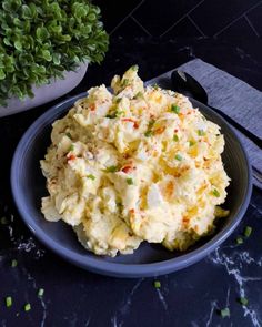 a bowl filled with mashed potatoes next to a potted plant