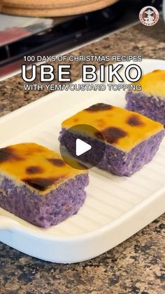 two pieces of purple cake sitting on top of a white plate with the words, 100 days of christmas recipes ube biko