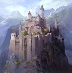 an artistic painting of a castle on top of a mountain with mountains in the background