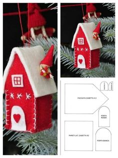 a christmas ornament with a red house and bells hanging from it's side