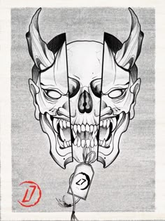 a drawing of a skull with horns on it's head