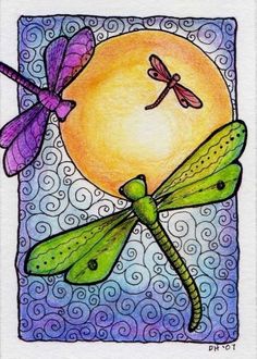 a drawing of two dragonflies on a blue and purple background