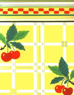 a painting of cherries and leaves on a yellow background