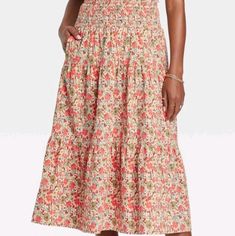 Please See Above For Description. Runs True To Size! Pink Floral Print Skirt For Daywear, Casual Pink Midi Length Bottoms, Casual Pink Skirt For Daywear, Mission Fits, Coral Skirt, Pink Midi Skirt, Midi Skirt Pattern, Blue Jean Skirt, Tiered Midi Skirt