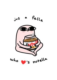 a cartoon character holding a jar of nutella in one hand and wearing sunglasses on the other