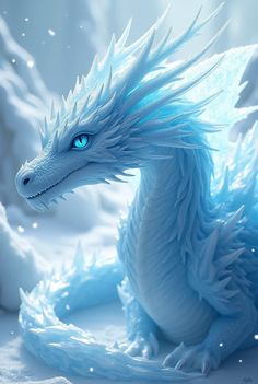 a white dragon with blue eyes sitting in the snow