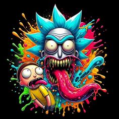 a cartoon character with an evil face and colorful paint splattered on it