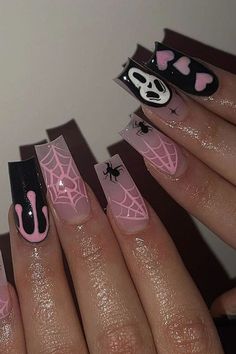 Pink Black And White Halloween Nails, Halloween Acrylic Nails Medium Length, Pink Spooky Nails Acrylic, Whimsical Halloween Nails, Halloween Nails Rhinestones, Halloween Girly Nails, Spooky Nails Coffin, Ghostface Nails Pink, Pink Black Halloween Nails