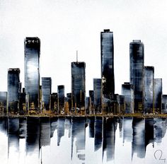 a painting of a city with tall buildings reflected in the water