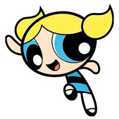 the powerpuff girls cartoon character with blue eyes and blonde hair, flying through the air