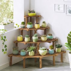 three tiered wooden plant stand with potted plants