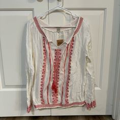 Brand New Lucky Brand Pink Embroidered White Long Sleeve Shirt Size L In Brand New Condition Casual White Embroidered Shirt, White Embroidered Casual Shirt, White Embroidered Long Sleeve Top, White Cotton Blouse With Embroidered Hem, Casual Long Sleeve Embroidered Cotton Top, White Embroidered V-neck Shirt, Casual White Blouse With Embroidered Hem, White Long Sleeve Blouse With Embroidered Hem, White Long Sleeve Top With Embroidered Hem