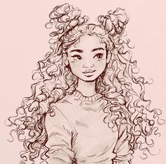 a drawing of a girl with long curly hair and a sweater on, looking at the camera