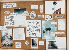 a cork board covered in pictures and magnets