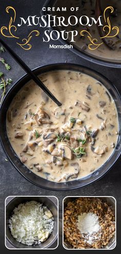 the recipe for mushroom soup is shown in three different bowls, including rice and mushrooms