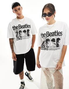 ASOS DESIGN unisex oversized license band T-shirt with The Beatles print in white | ASOS Relaxed Fit Pop Culture T-shirt With Text Print, Oversized White Slogan T-shirt, White Slogan T-shirt Oversized, White Pop Culture Slogan Tops, White Pop Culture Tops With Slogan, White Pop Culture Slogan Top, White Boxy Fit T-shirt With Graphic Print, White Unisex Pop Culture T-shirt, Unisex White T-shirt With Pop Culture Style