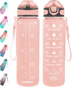 a pink water bottle with measurements on the side and other bottles in different colors behind it