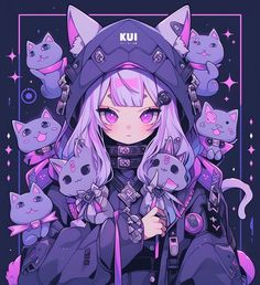 an anime character with many cats around her