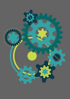 an image of some gears on a gray background with blue and yellow colors in the middle