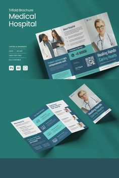 two medical tri fold brochure templates with blue and green colors on them