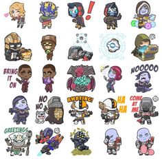 some stickers that are on the back of a cell phone, with different characters