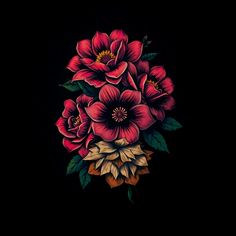 a bouquet of red flowers on a black background