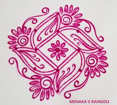 an intricately designed piece of cloth with pink thread on it and the words menka's rangoli written in red