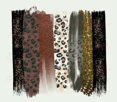 four different colors of leopard and leopard print on white paper with black, green, gold, and silver glitters