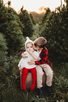 two young boys sitting on top of a log in the middle of a christmas tree farm