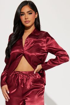 Available In Burgundy And Copper. Fit Runs Small, Recommended To Size Up 2 Piece PJ Set Collared Button Down Top Long Sleeve Front Pocket Matching Pant Drawstring Waistband Non Stretch Final Sale 100% Polyester Imported | Pillow Fight Satin PJ Pant Set in Burgundy size 3X by Fashion Nova Pjs Outfits, Amaya Colon, Pj Pant, Burgundy Fashion, Satin Pajama, Sweater Jumpsuit, Pajama Pant, Pj Pants, Valentines Party