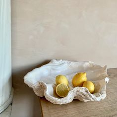 some lemons are in a bowl on a table