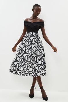 Style: Midi DressFabric: JacquardLength: MidiNeckline: BardotSleeve Length: Cap Sleeve Bardot Neckline, Patterned Skirt, Jacquard Skirt, Skirt Midi, Party Looks, Skirt Pattern, Quick Delivery, Chandelier Earrings, Cap Sleeve