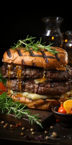 a large hamburger with cheese and sauce on it sitting next to some other food items