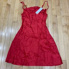 New Never Worn Spring Red Satin Mini Dress, Red Satin Knee-length Mini Dress, Red Lined Mini Dress For Spring, Spring Red Satin Dress, Red Satin Dress For Spring, Red Satin Lined Dresses, Red Satin Midi Dress For Spring, Red Satin Summer Dress, Red A-line Mini Dress For Spring