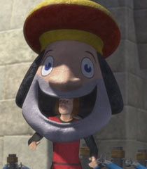 an animated character is standing in front of a giant object with its mouth open and tongue out